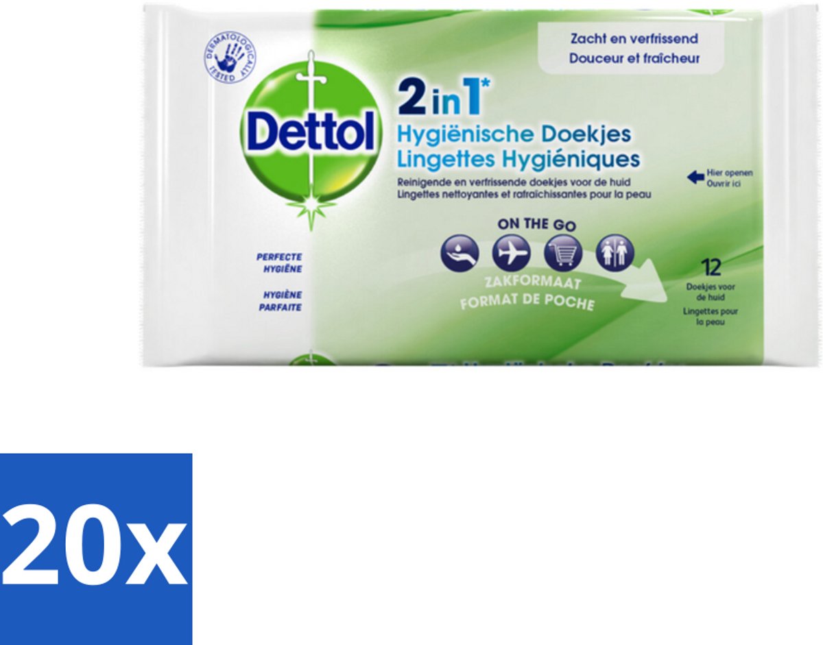 20 x Dettol - Reinigingsdoekjes - 2-in-1 Reiniging & Desinfectie - On the Go - 12 Doekjes - Reinigingsdoekjes - Hygiëne - Desinfectie - Bacteriënbestrijding - Huidbescherming