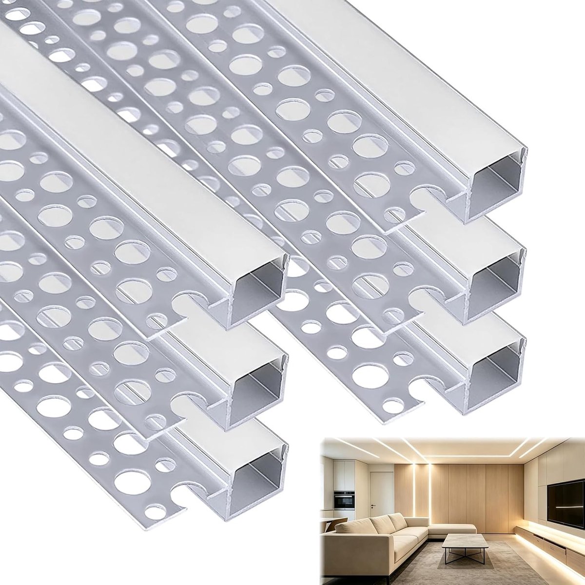 6 stuks aluminium led-droogbouwprofiel 1 m met melkachtige afdekking voor onderbouw, muur en plafond, eenvoudig te installeren ledstrip-diffuser