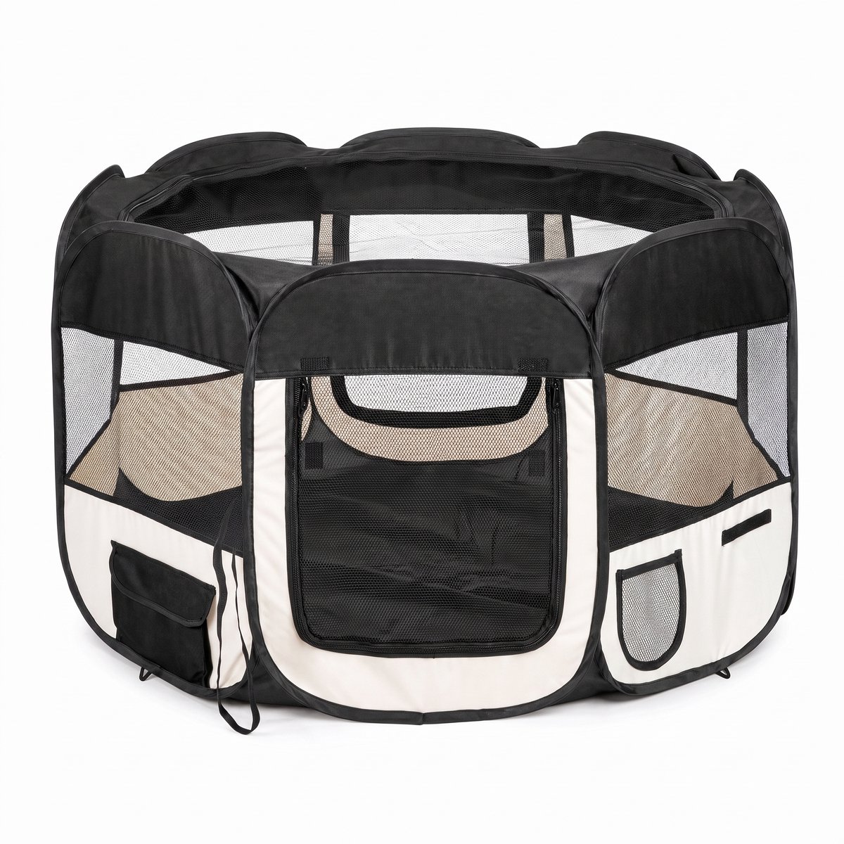 IvoQ Opvouwbare Puppyren met Dak – 114 x 114 x 58 cm – Zwart/Crème