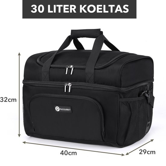 Packaway Koeltas 30L - Lunchtas - Inclusief 4 Koelelementen - Dubbel Compartiment - 4-Laags Geïsoleerd - Waterafstotend - Signature Black van Packaway — afbeelding 5