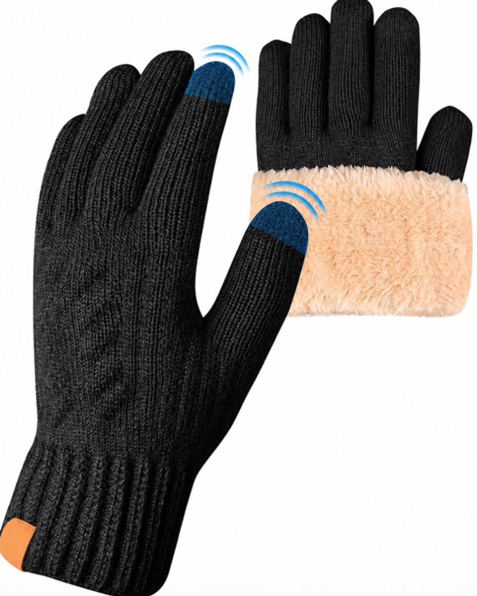 Thermische winterhandschoenen - fleece voering, touchscreen, gebreide elastische warme handschoenen voor hardlopen, skiën, fietsen, paardrijden, wandelen, kamperen - dames en heren（zwart）