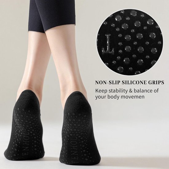 Antislip yogasokken - set van 4 paar - damesmodel (pilates- & balletstijl) - ademend katoen - met antislipnoppen - geschikt voor pilates & barre-Zwart + Leigrijs + Mauve + Lichtpaars — afbeelding 3