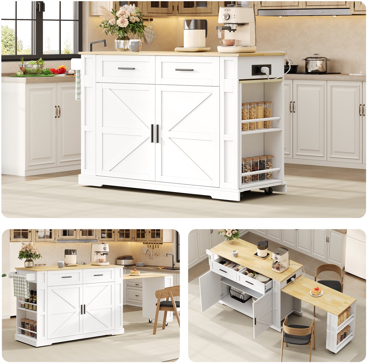 Clruro Keukeneiland - 120 x 50 x 93 cm - Uitschuifbaar - 2 Laden en Stopcontact - MDF - Wit/Eiken