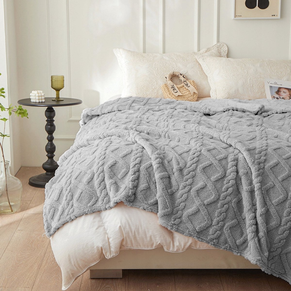 Luxe Pluche Gebreide Deken 160x200cm - Zacht & Warm - Lichtgrijs
