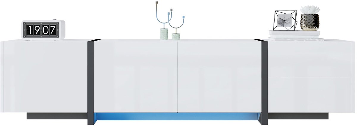 Merax TV-Meubel Wit En Zwart - 170 Cm - Hoogglans Fronten - 3 Deuren - Lade En Klepvak - Met Kabeldoorvoer