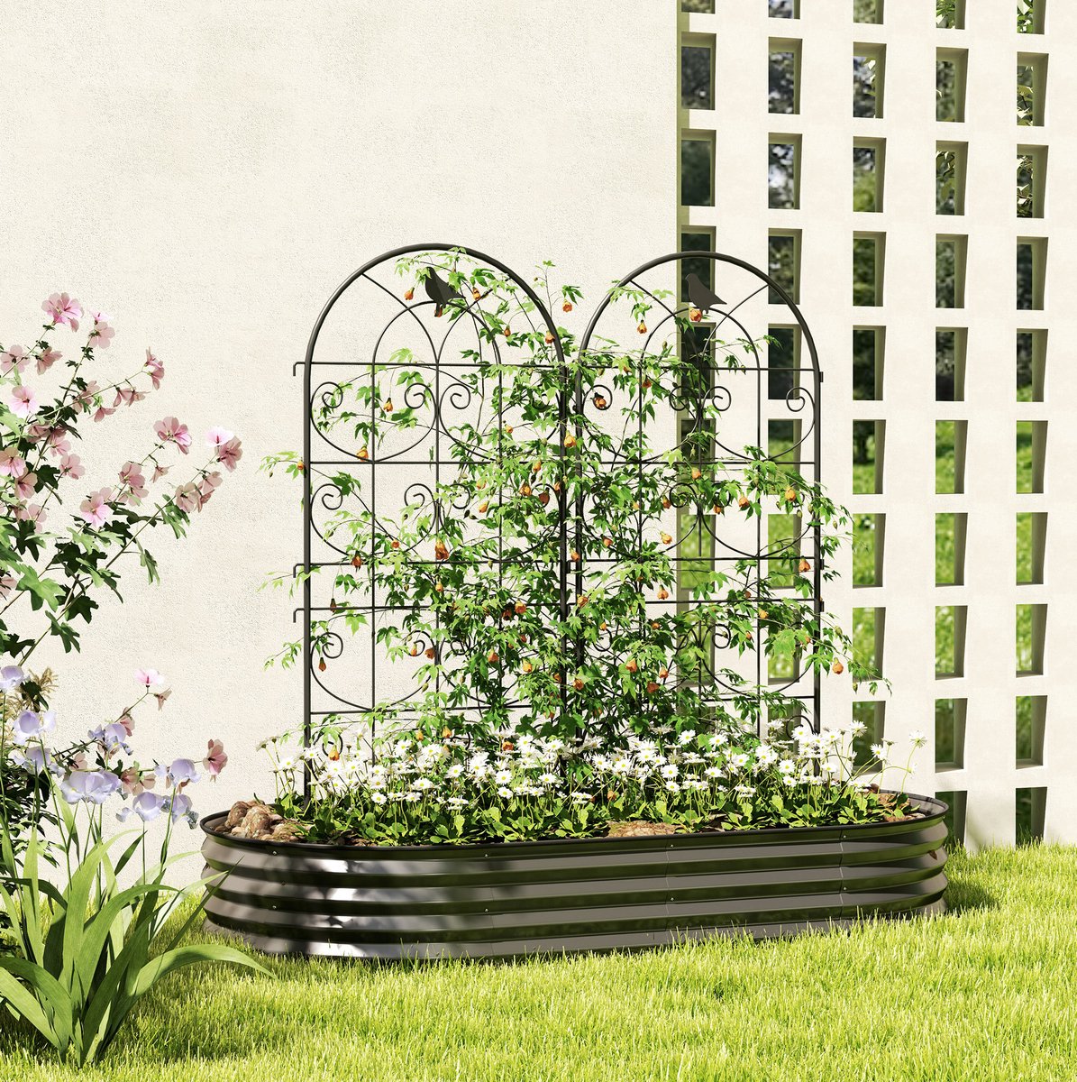 REDOM - Plantenrek - 2-delige set - Met vogelmotief - Poedergecoat metalen spalier - Voor buiten - Zwart - 50 x 120 cm