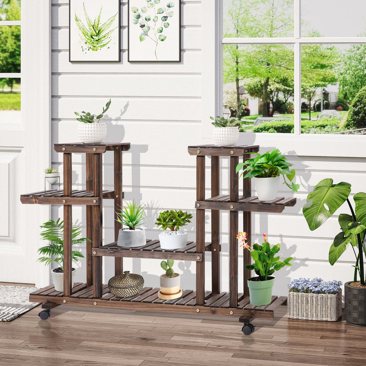 REDOM - Plantenrek - 6 planken - Met 4 wielen - Open kast - Voor binnen en buiten - Hout - Donkerbruin - 123,5 x 33 x 80 cm
