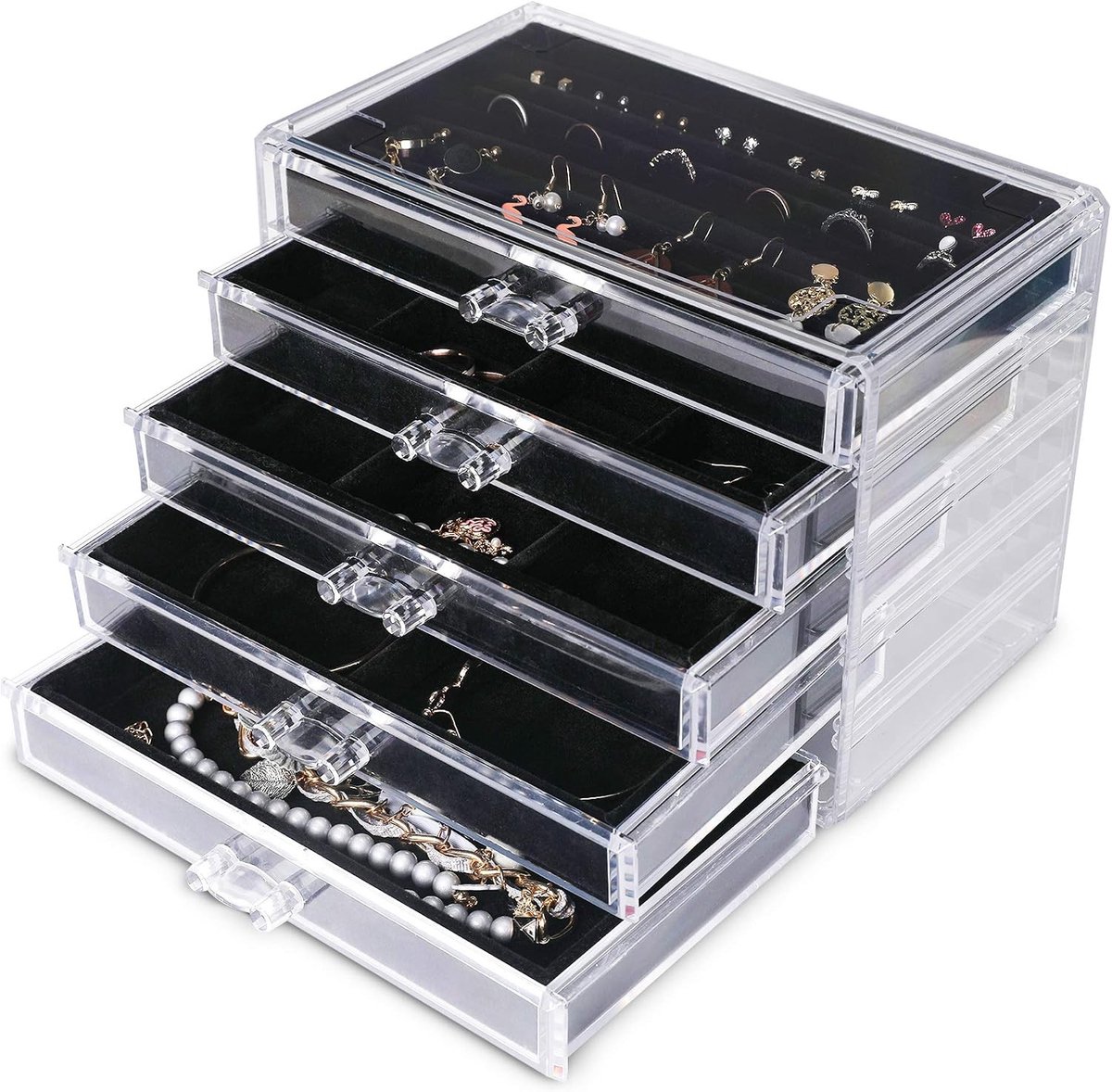 Extra grote acryl sieradenbox met 5 lagen en lades - Doorzichtige organizer voor oorbellen, ringen en kettingen - Luxe opbergdoos voor vrouwen en meisjes (Zwart)