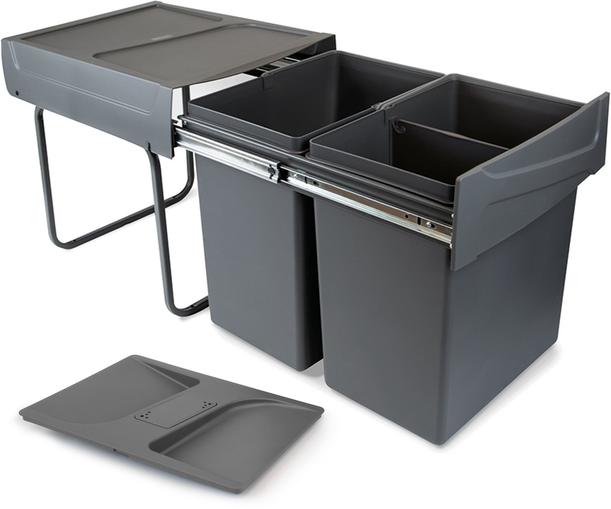 Emuca Afvalbakken voor recycling Recycle met geurdicht deksel voor keuken, 2 x 20 l, bevestiging aan onderzijde, handmatig uittrekken, Plastic, Antracietgrijs