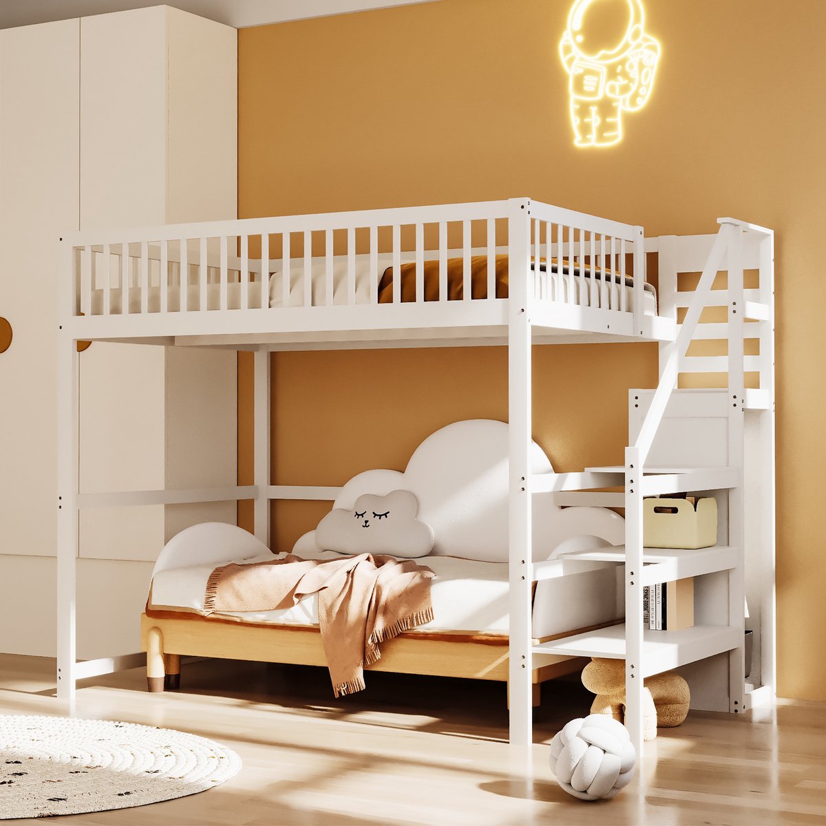 Houten Hoogslaper 140x200 cm - Met Opbergruimte - Met Kledingkast - Met Ladder - Wit