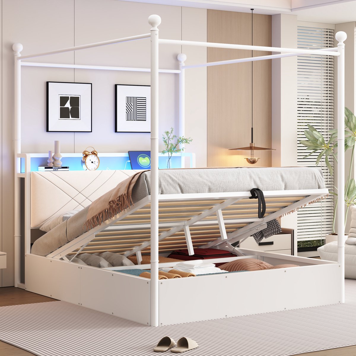 Gepolsterd Bed 140x190 cm - Met Opbergruimte - Met LED-verlichting - Met USB-aansluiting - Wit