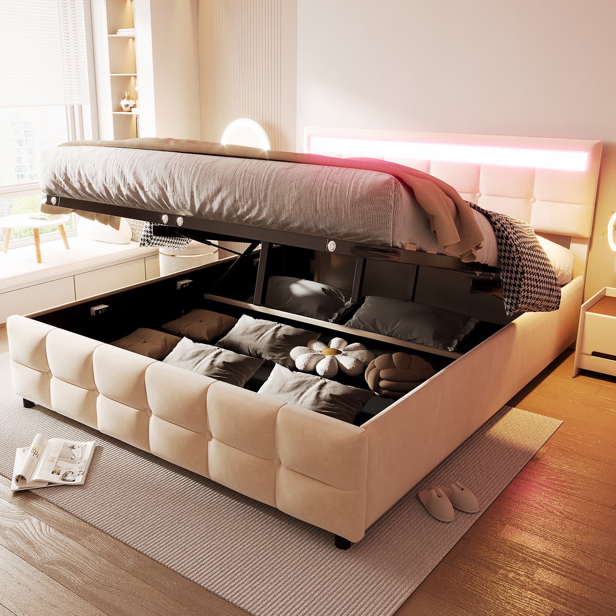 Gepolsterd Bed 180x200 cm - Met LED-verlichting - Met Fluweel - Beige