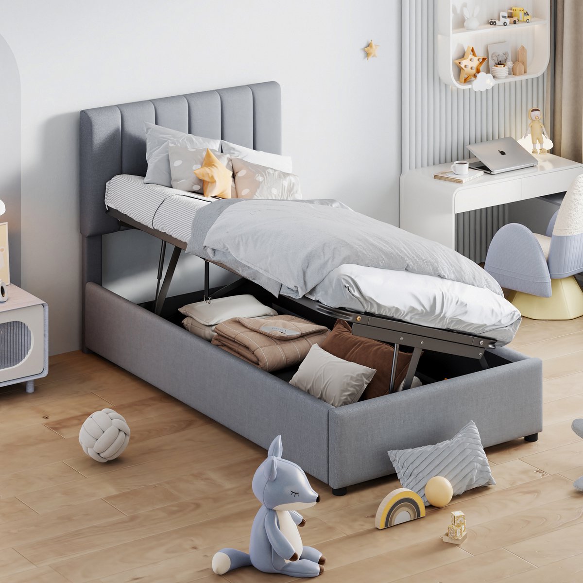 Gepolsterd Kinderbed 90x200 cm - Met Opbergruimte - Met Hoofdeinde - Verstelbaar - Grijs