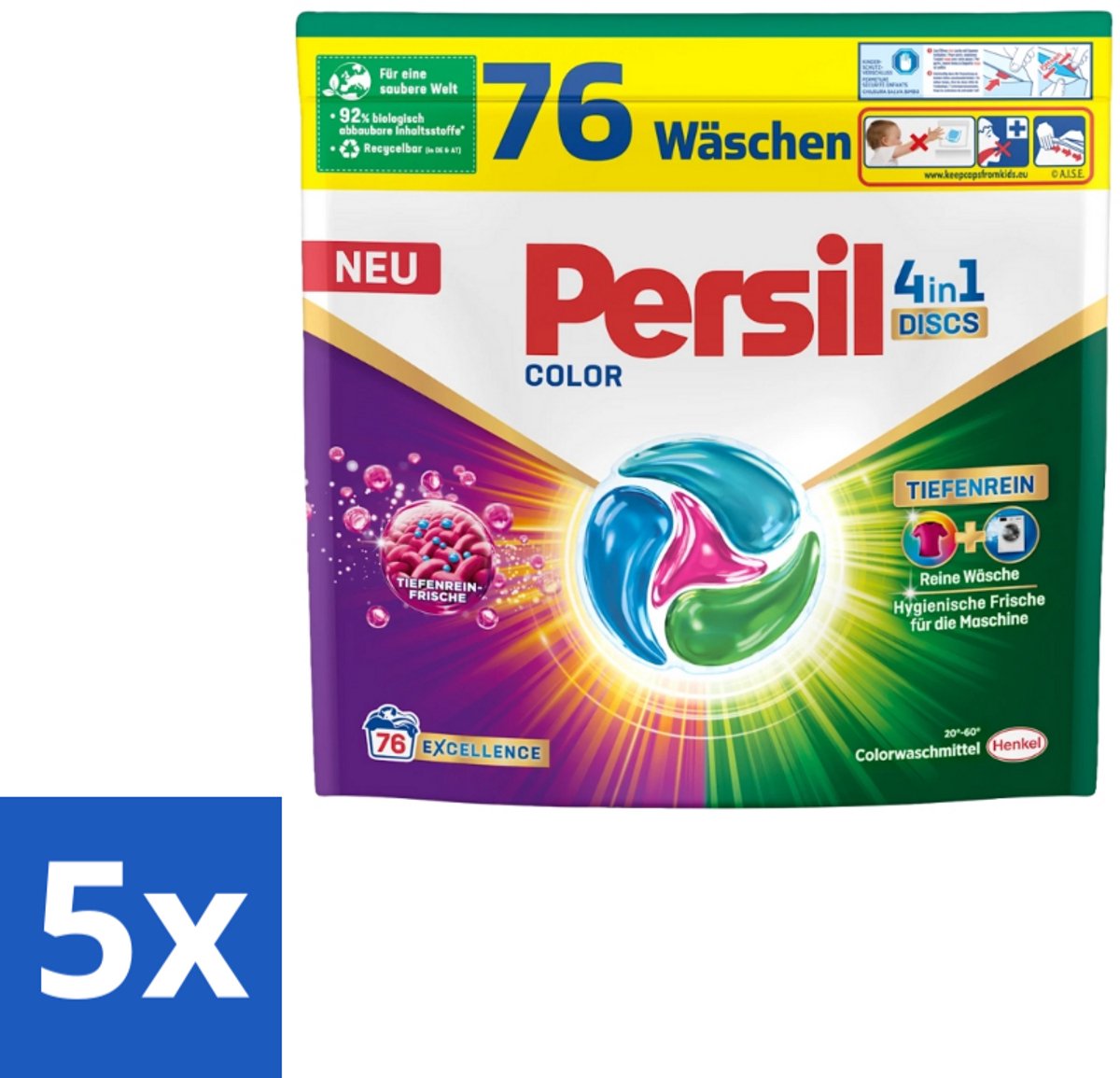 Persil – Wasmiddel Discs 4-in-1 – Color - 76 Capsules - Bulkverpakking - 5 stuks