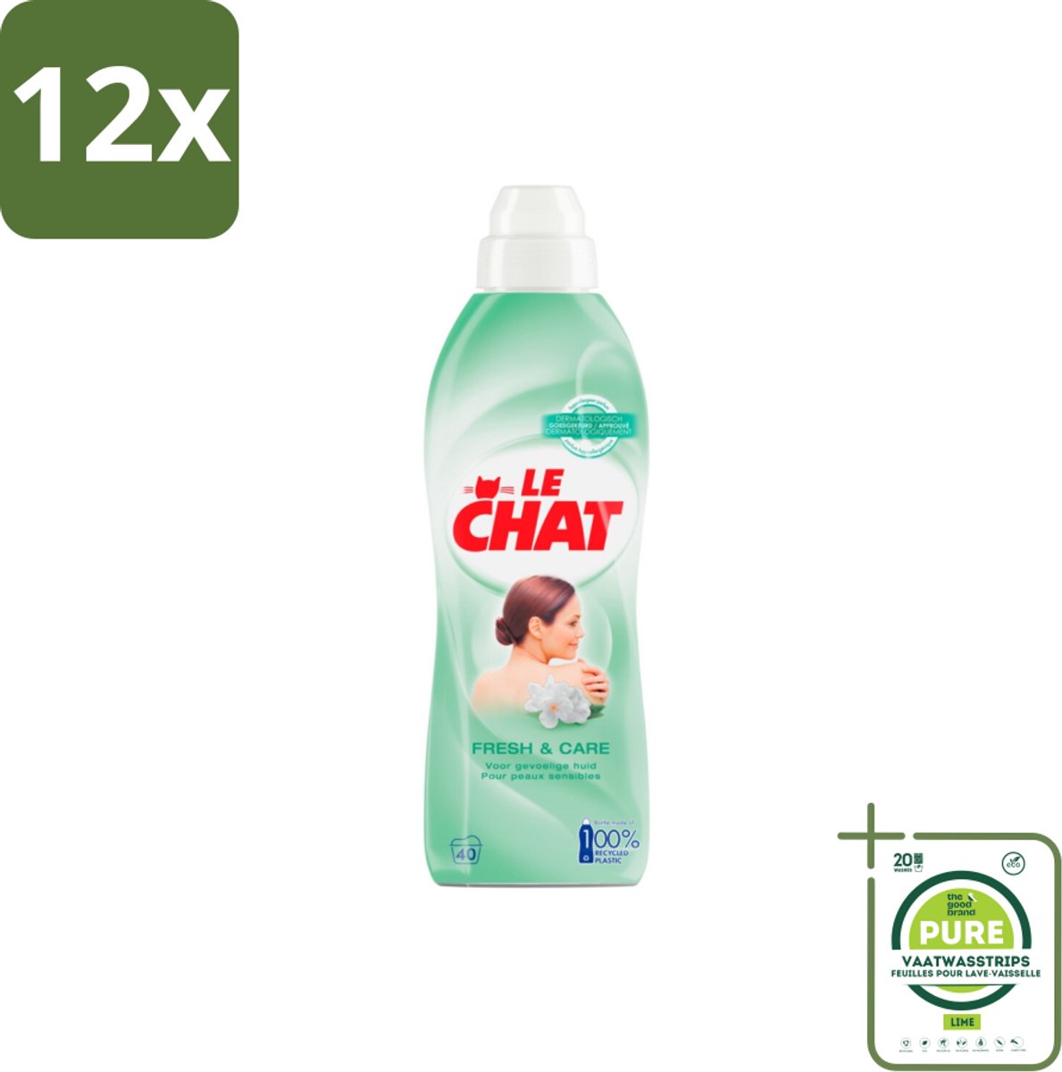 Le Chat Wasverzachter Fresh & Care 40 Wasbeurten 880 ml - Voordeelverpakking - 12 stuks - Wasverzachter - Hypoallergeen