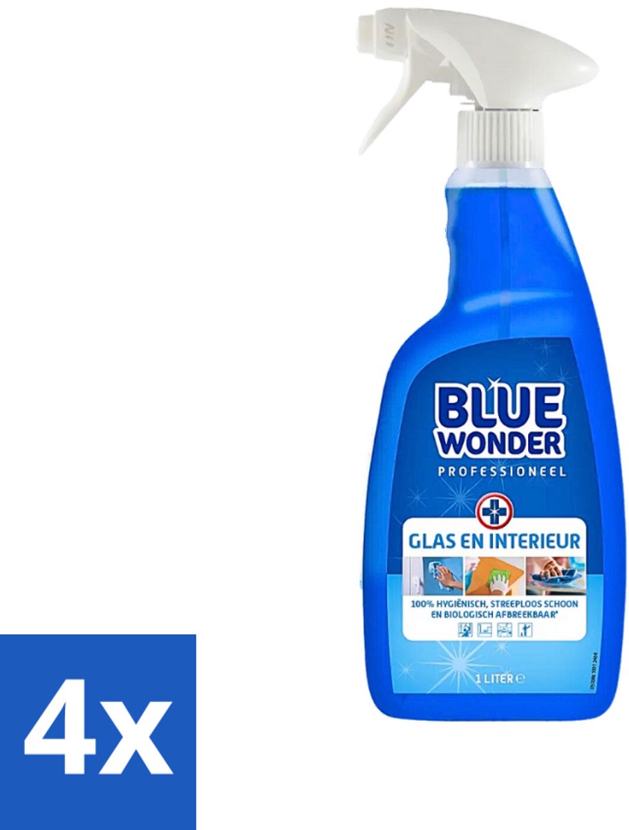 4 x Blue Wonder Professionele Glas en Interieur Spray 1 liter - Glasreiniger - Interieurreiniger - Streeploos Schoon - Glasspray - Reinigingsmiddel