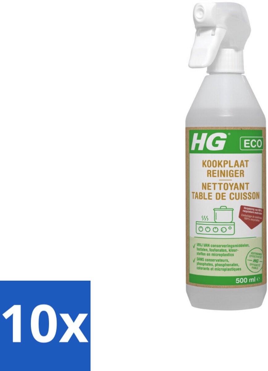 10 x HG ECO - Kookplaatreiniger - Verwijdert Gemakkelijk & Snel - Duurzaam & Ecologisch - 500 ml - Kookplaat Reinigen - Eco Kookplaatreiniger - Vet Verwijderen - Kalkaanslag Verwijderen - Kookvocht Verwijderen