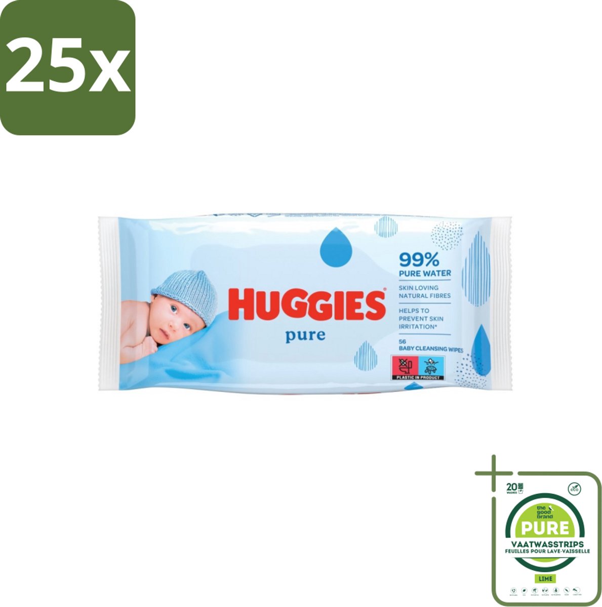 25 x Huggies - Billendoekjes - Pure - Tegen Huidirritaties - 56 Babydoekjes - Grootverpakking - Babydoekjes - Billendoekjes - Zachte Babydoekjes - Hypoallergene Babydoekjes - Babyhuid