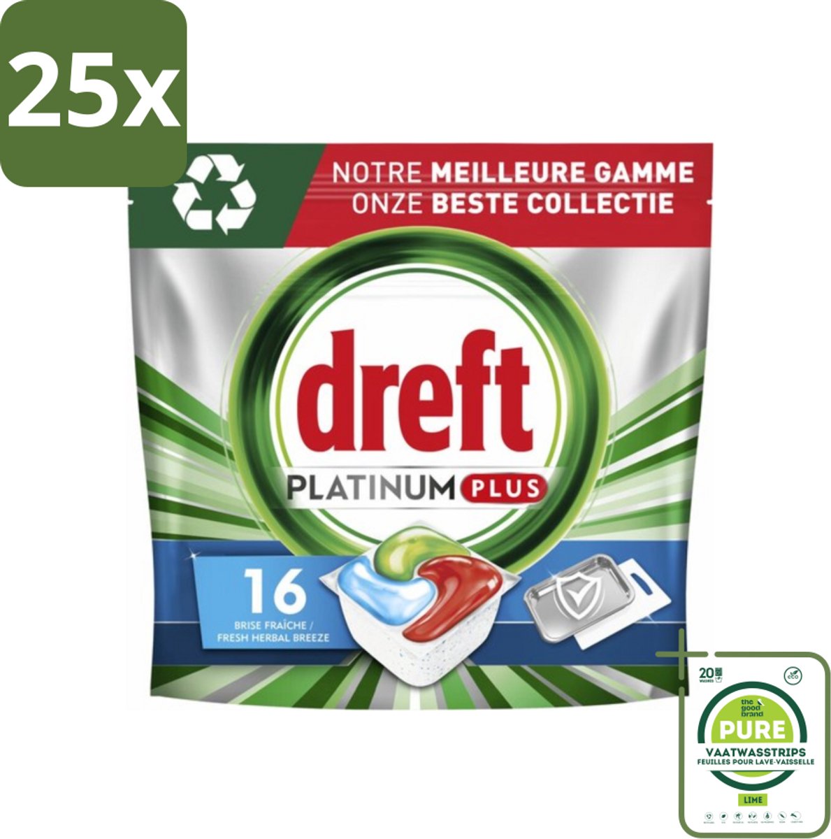 25 x Dreft Platinum Plus - All In One - Vaatwascapsules - Fresh Herbal Breeze - 16 Afwasbeurten - Grootverpakking - Vaatwascapsules - Vaatwasser - Schone Vaat - Frisse Geur - Vaatwasser Capsules
