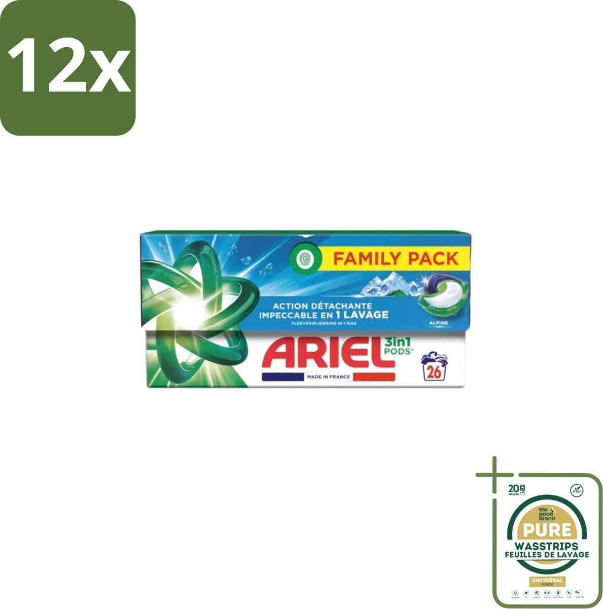 Ariel – Pods 3in1 – Alpine – 26 wasbeurten - Voordeelverpakking - 12 stuks - Kleurbehoud wasmiddel - Frisse geur wasmiddel