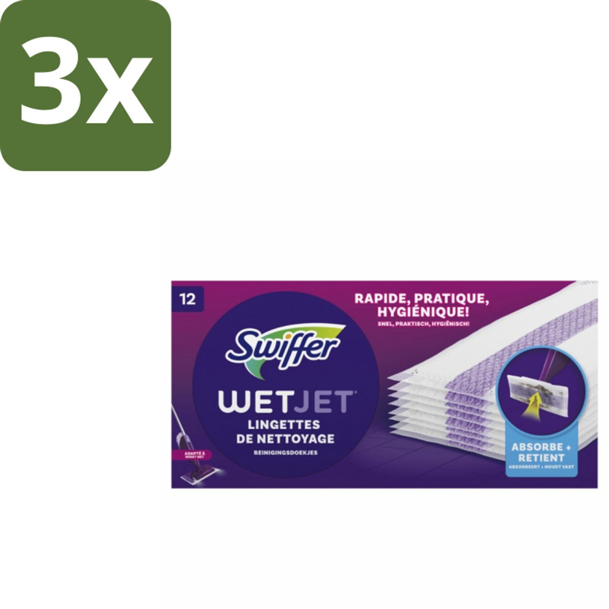 Swiffer - WetJet – Reinigingsdoekjes – Navullingen – 12 doekjes - Bulkverpakking - 3 stuks
