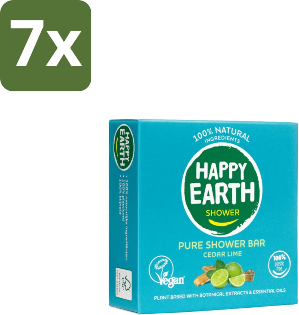 Happy Earth – Shower Bar – 100% Natuurlijk Cedar Lime – 90 g - Bulkverpakking - 7 stuks