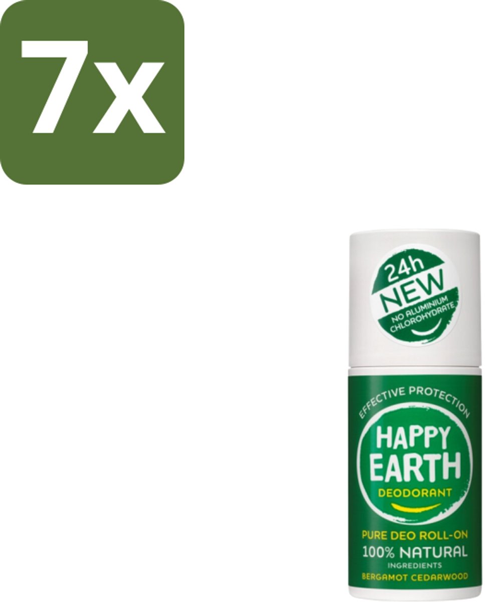 Happy Earth – Deodorant Roll-On – 100% Natuurlijk Bergamot Cedarwood – 75 ml - Bulkverpakking - 7 stuks