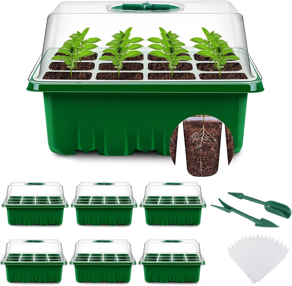 Indoor Groentekas Set met 6 Stukken, 72 Cellen, Mini Kweektray met Deksel en Ventilatie voor Zaailingen en Planten