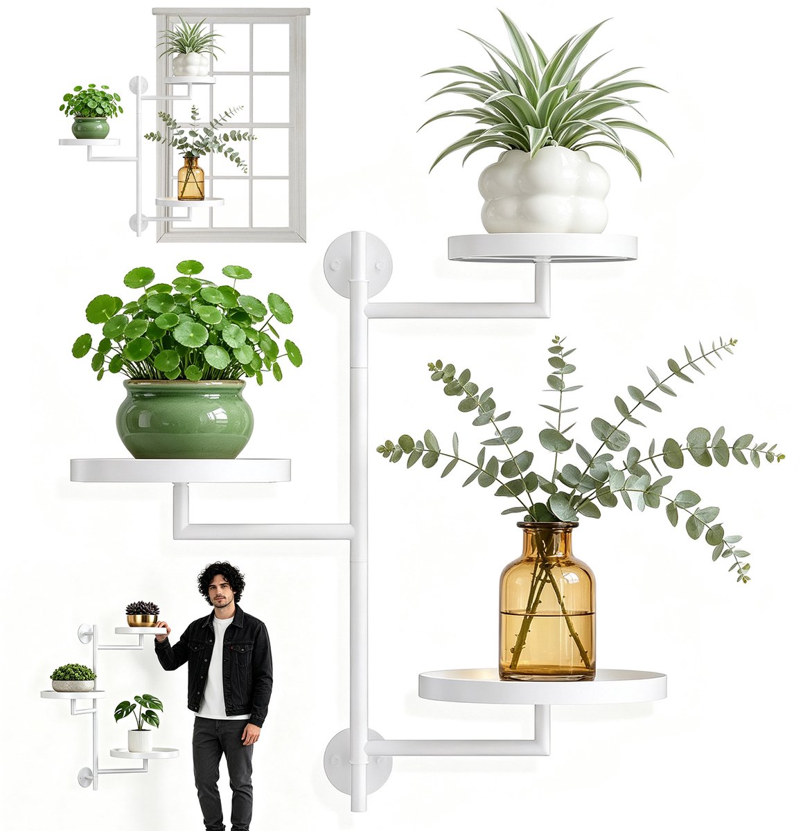 Plantenstandaard 3 Laags - Draaibaar Plantenrek - Planten Plank voor Raam - Bloemenstandaard - 3 Ronde Trays - Ruimtebesparend - Vensterbank Display - Voor Vensterbank & Balkon & Gang - Wit