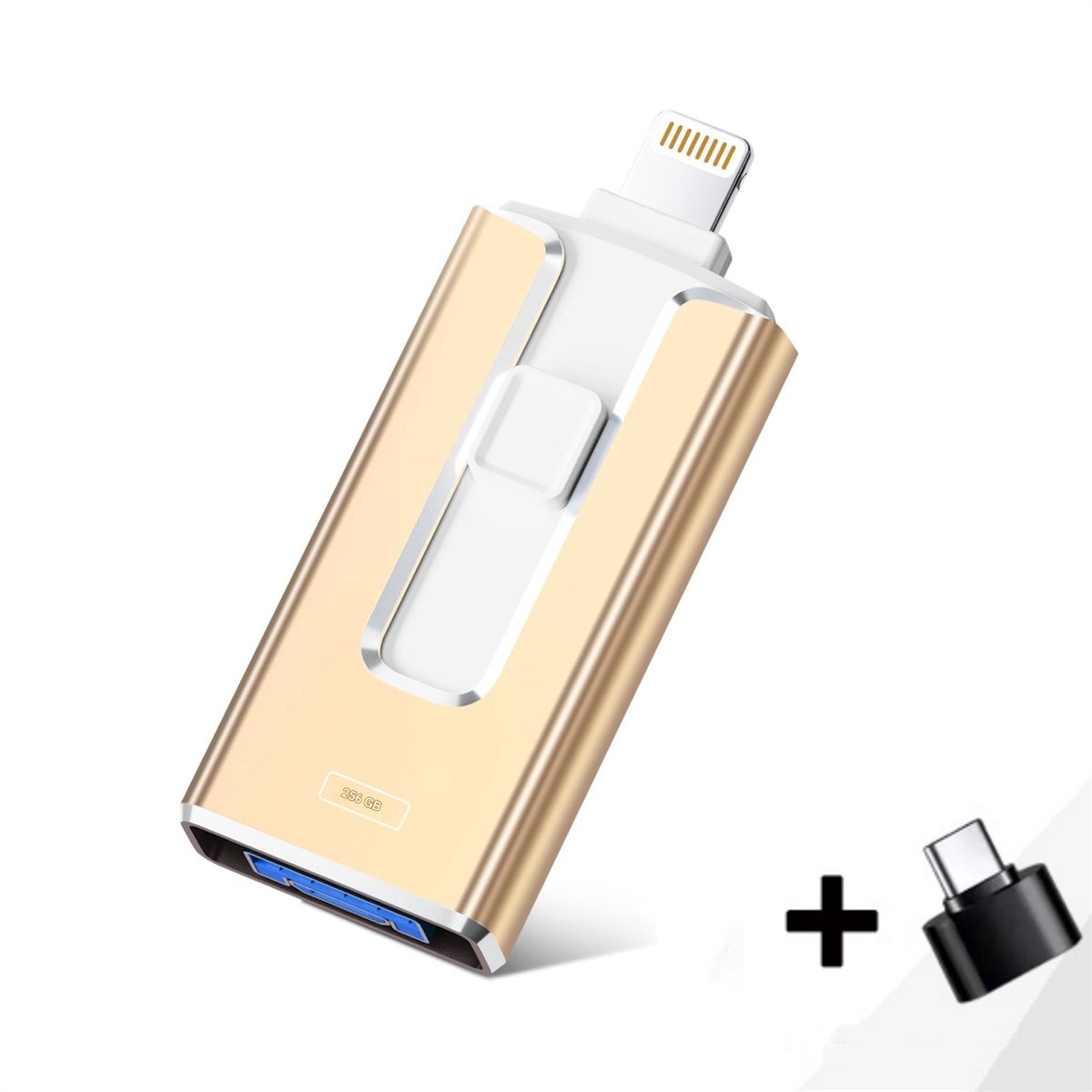 carmdering - 4-in-1 USB Flash Drive 256GB – Snelle USB-stick met Meerdere Interfaces – Externe Opslag voor Foto’s, Video’s en Bestanden – Plug & Play voor Telefoon, Tablet en Computer-goud