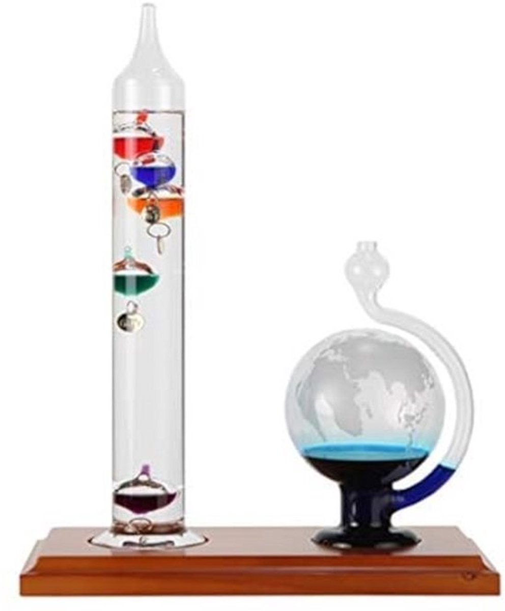 Galileo Thermometer en Geëtste Glazen Barometer Set met Houten Basis, 5 Kleurrijke Bollen