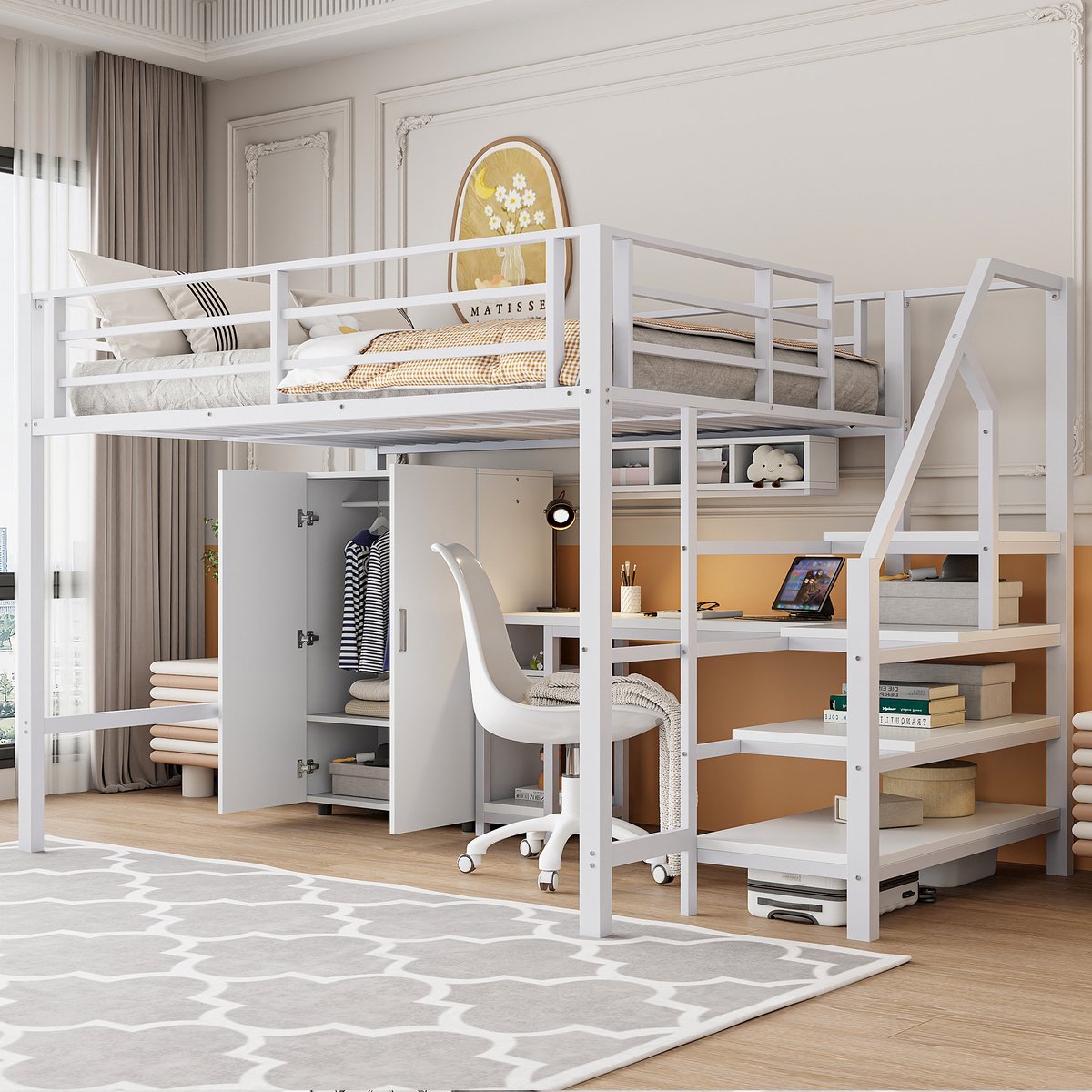 Hoogbed met kledingkast, bureau en legplanken - 140x200 cm - wit - compleet kindermeubel - met opbergtrap - stevig metaal en MDF - zonder matras