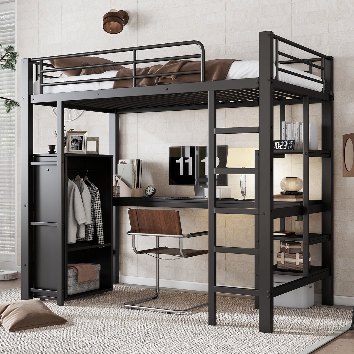 Metalen stapelbed met bureau en kledingkast - 90x200 cm - Zwart - Inclusief 2 m lang bureau, 3 legplanken en kledingkast - 5-traps ladder met veiligheidsrek - EN747 gecertificeerd