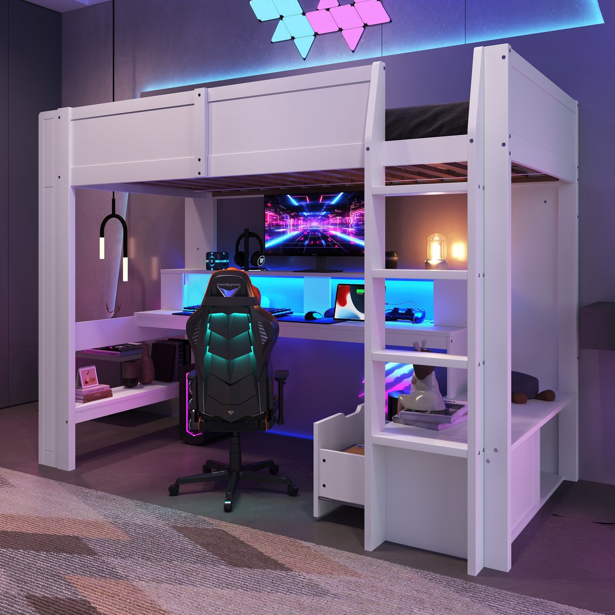Hoogslaper 90x200 cm - gaming en studiebed met bureau, lade en opbergrekken - eenpersoons - wit - 16 kleuren LED-verlichting - stevig massief grenen frame - veiligheidshekken rondom