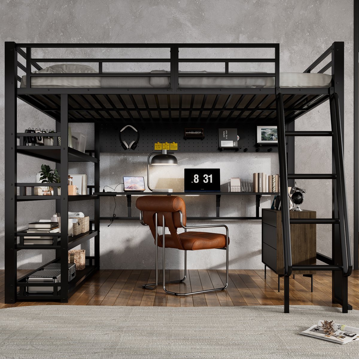 Metalen hoogslaper 140x200 cm - met ruime opbergvakken, geïntegreerd USB-laadstation en handige kledingroede - eenpersoons - zwart - 4-traps schuine ladder - robuust frame van ijzer en spaanplaat
