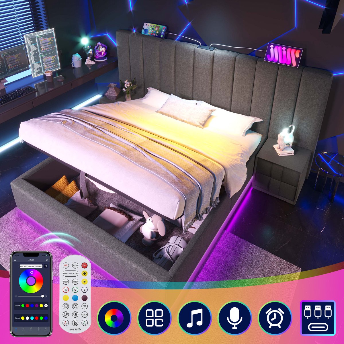 Gestoffeerd tweepersoonsbed 180x200 cm - Met hydraulische opbergruimte, 360° LED via app en USB-C - Grijs linnen - Inclusief houten lattenbodem