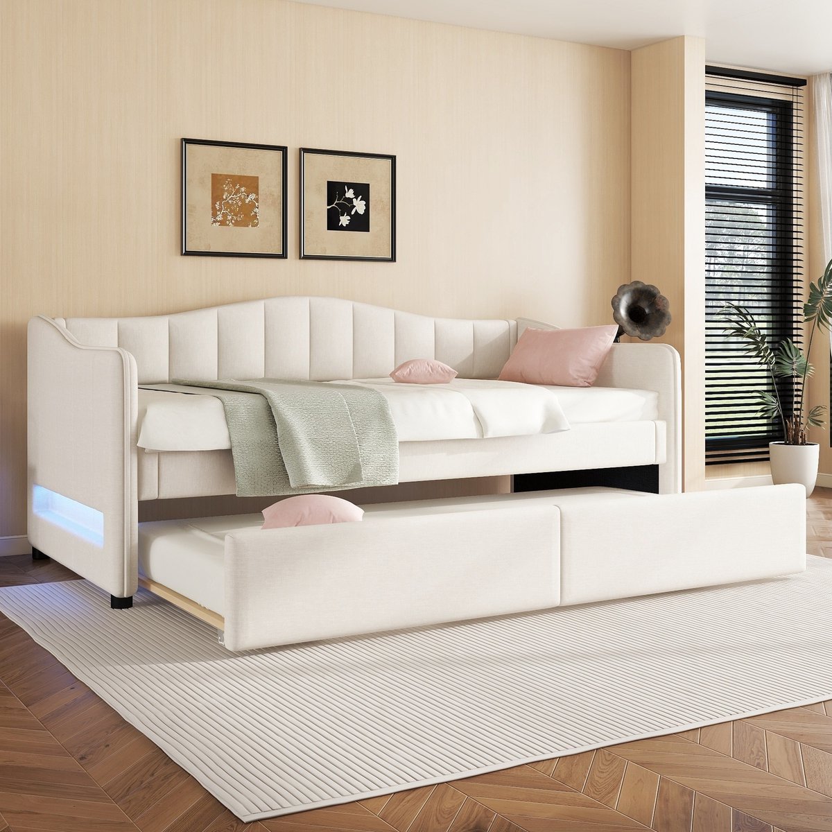 Uitschuifbaar dagbed 90x200 cm - Multifunctionele slaapbank met LED-sfeerverlichting en extra bed - Beige linnen - Voor kinderkamer of logé - Inclusief lattenbodem en stevig MDF-frame - Eenvoudige montage