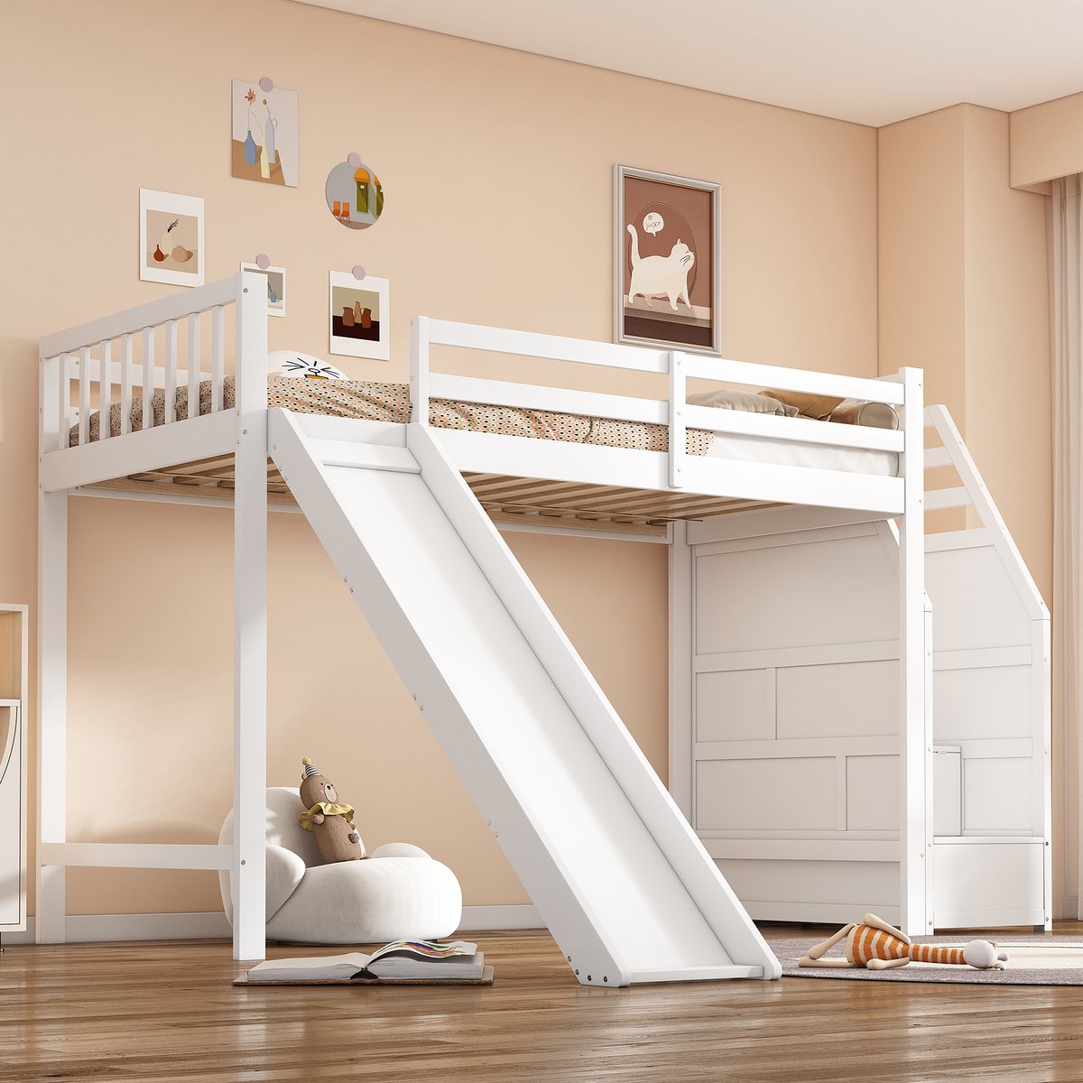 Houten kinderhoogslaper met glijbaan en opbergtrap - 90x200 cm - Wit - EN747 gecertificeerd - Optionele ladderpositie - Afneembaar veiligheidshek