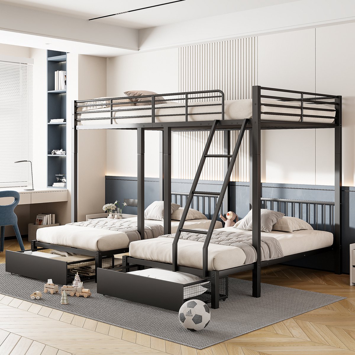 3-persoons metalen stapelbed - Flexibel om te vormen tot 3 losse bedden - 140x200 cm en 90x200 cm - Zwart - Inclusief 2 opberglades - Stabiel stalen frame