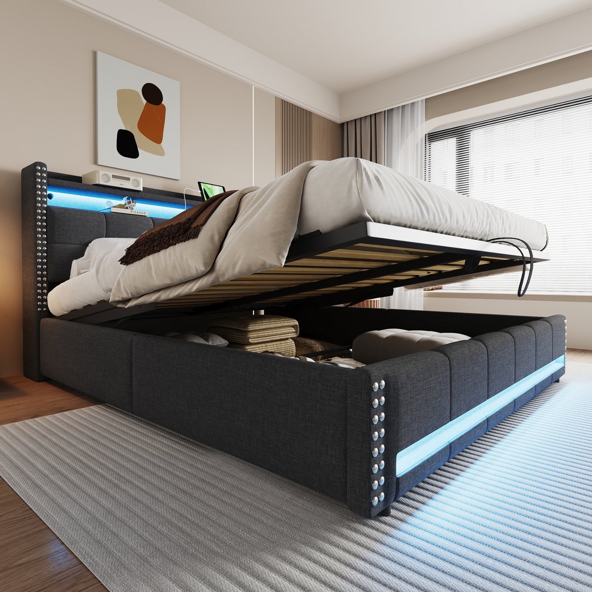 Gestoffeerd opbergbed - met LED en hydraulische lift - 180x200 cm - Grijs linnen - Hoofdeinde met legplanken en USB - Kleurveranderlijke verlichting