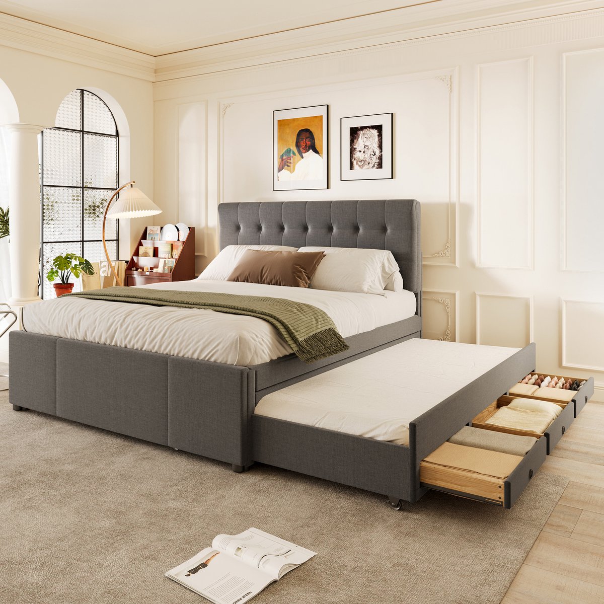 Gestoffeerd bed 140x200 cm - Met uitschuifbed, 3 lades en verstelbaar hoofdeinde - Grijs - Stevig linnen en MDF-frame - Praktisch en minimalistisch design voor de hele familie