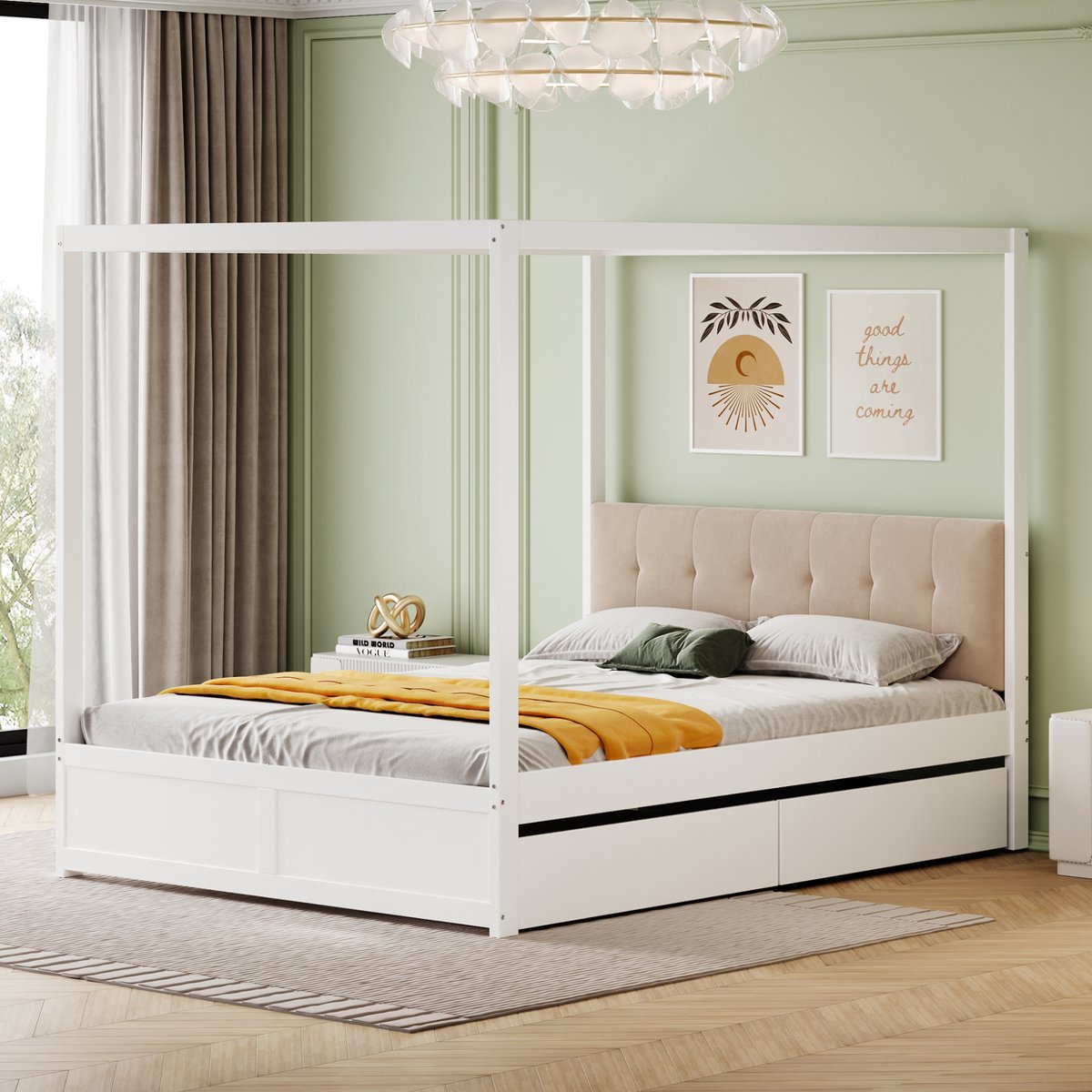 Hemelbed 140x200 cm - Sprookjesachtig tentdesign met zachte rugleuning en opbergruimte - Wit - Inclusief 2 grote schuifladen onder het bed