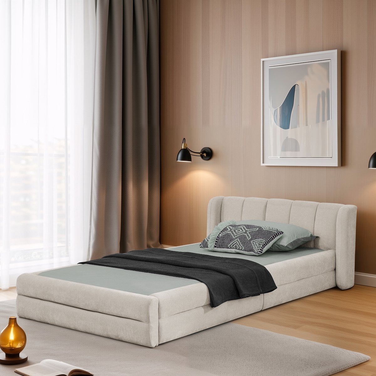 Eenpersoonsbed 90x200 cm - met comfortabele rugleuning en chenille stof - beige - geschikt als kinderbed of compact eenpersoonsbed - stevig frame tot 200 kg - eenvoudige montage