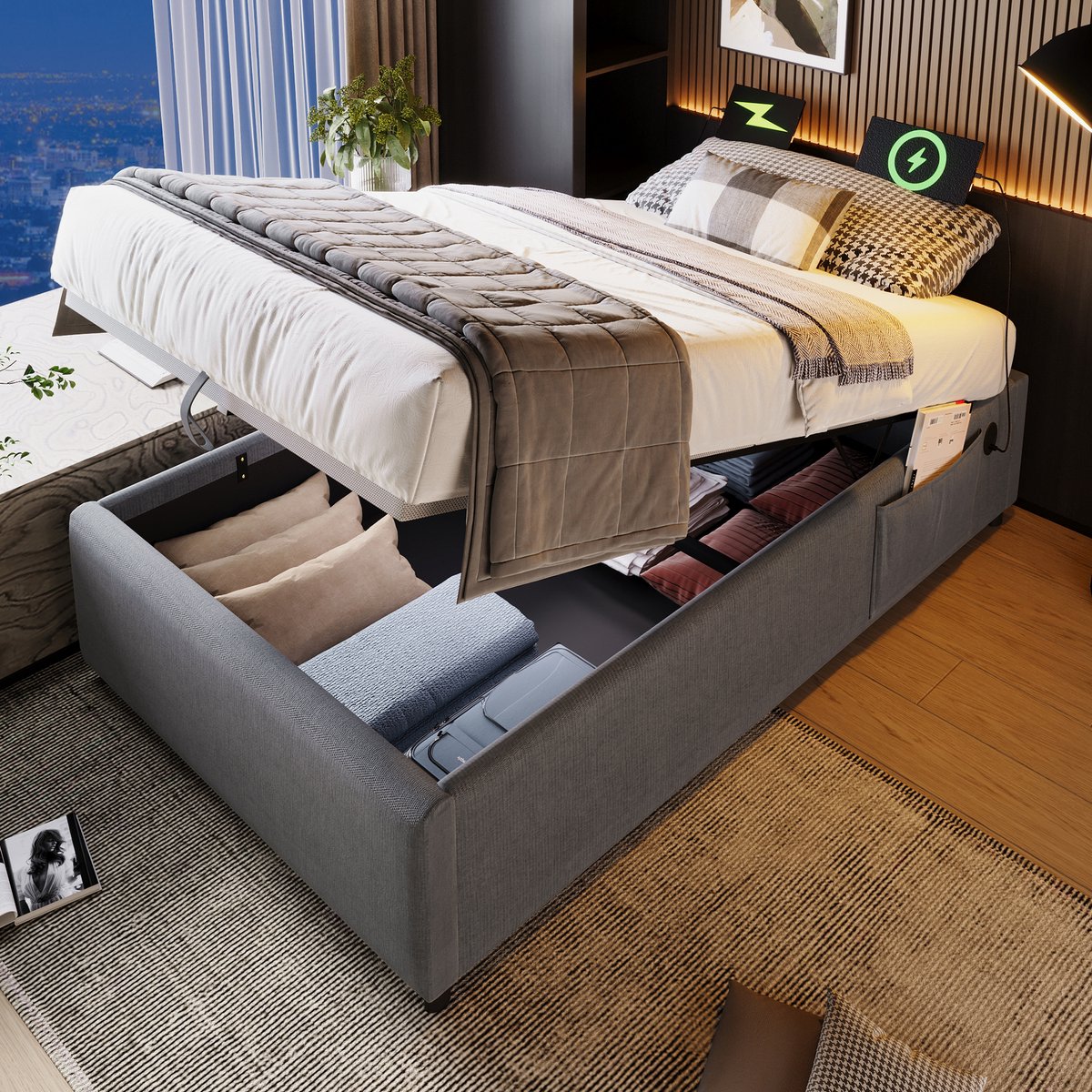 Gestoffeerd opbergbed zonder hoofdbord - Hydraulische opbergruimte en USB-C - 90x190 cm - Grijs - Volledige houten plaatbodem - Zijvak