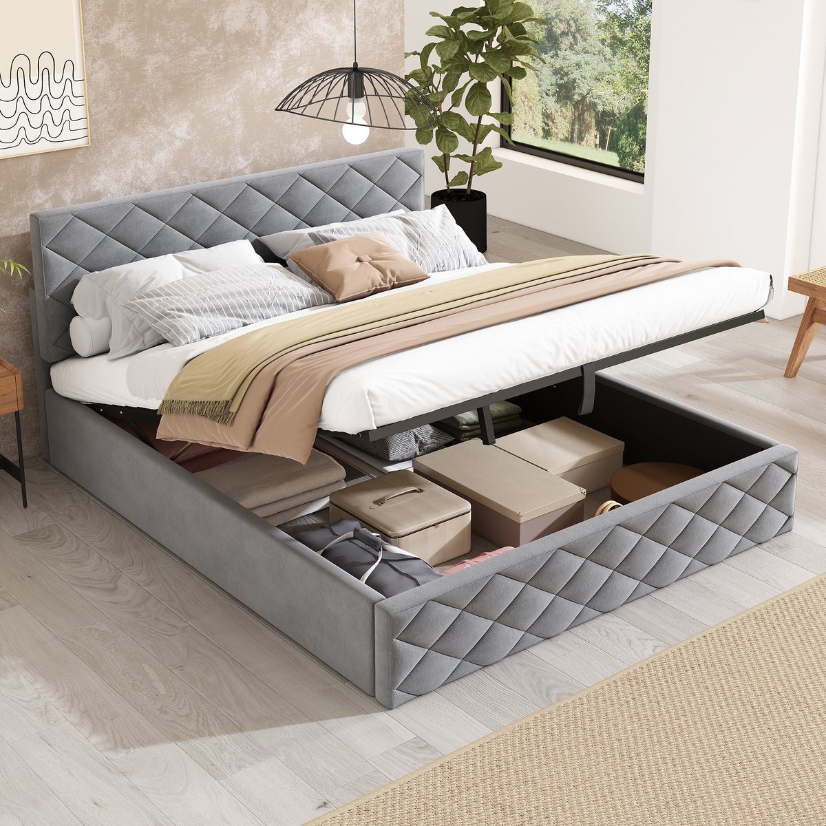 Gestoffeerd hydraulisch opbergbed - eenvoudig en elegant design - 140x200 cm - Grijs fluweel - Inclusief lattenbodem - Verstelbaar hoofdeinde - Tot 300 kg belastbaar