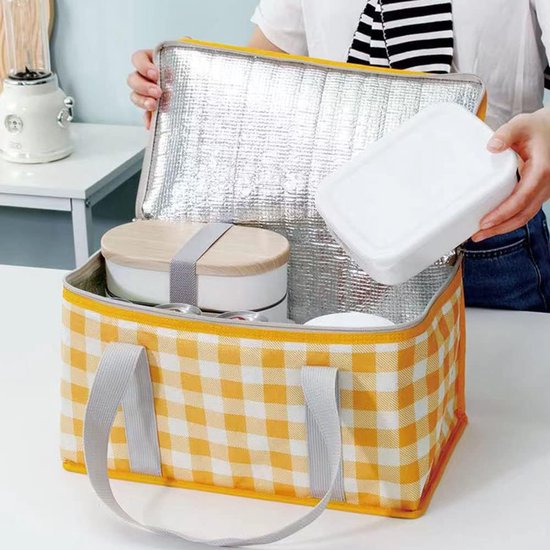 1 stuks‑geïsoleerde tas‑koeltas‑draagbare picknick tas‑waterbestendige opbergtas voor buiten kamperen‑opvouwbare picknicktas‑35x20x22 cm‑geel geruit — afbeelding 3