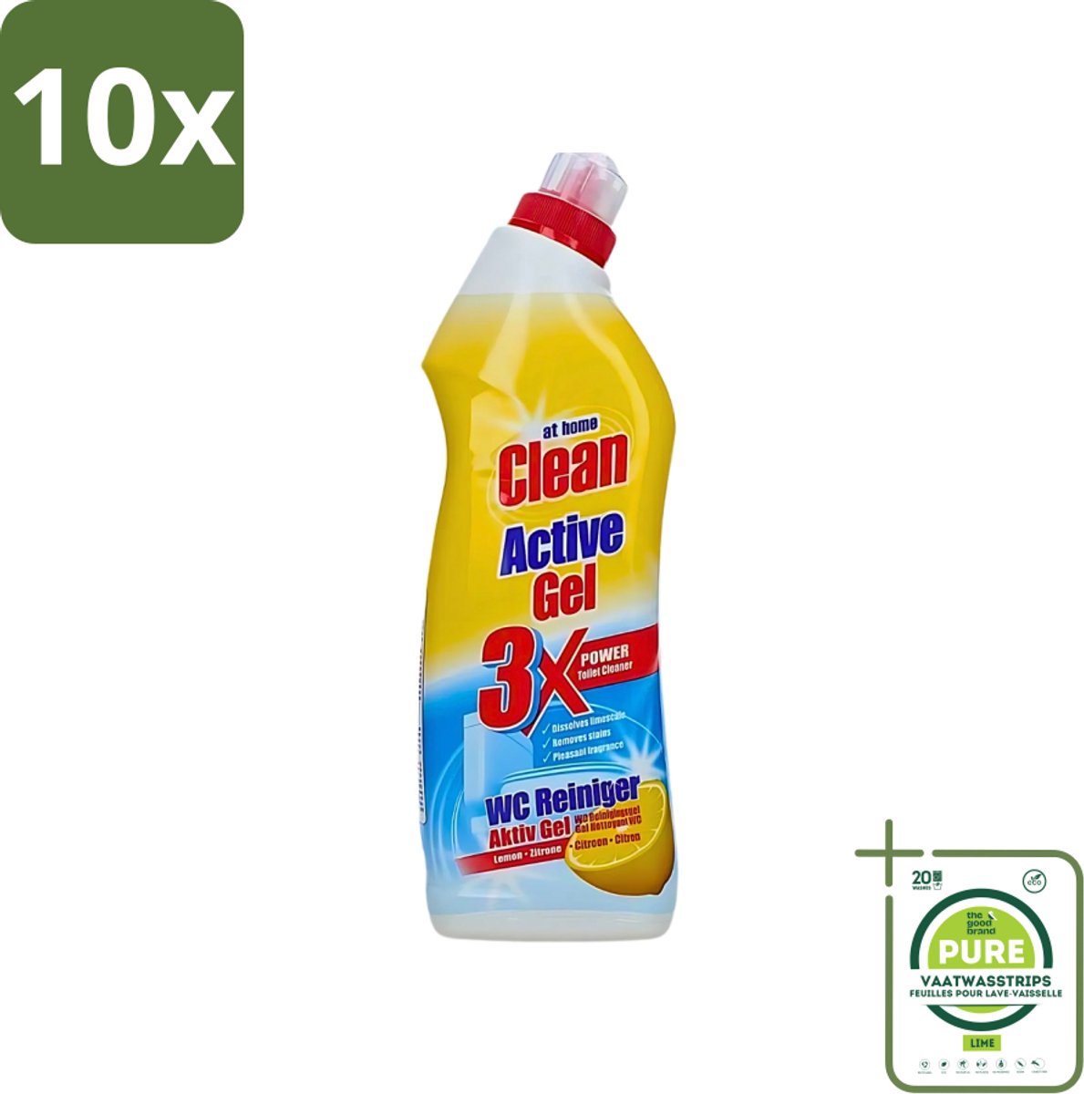 10 x At Home - Clean - Active Gel - Toiletreiniger - Lemon - Extra Krachtig - 750 ml - Grootverpakking - Toiletreiniger - Kalkverwijdering - Frisse Geur - Toilet Reinigen - Toilet Reiniger