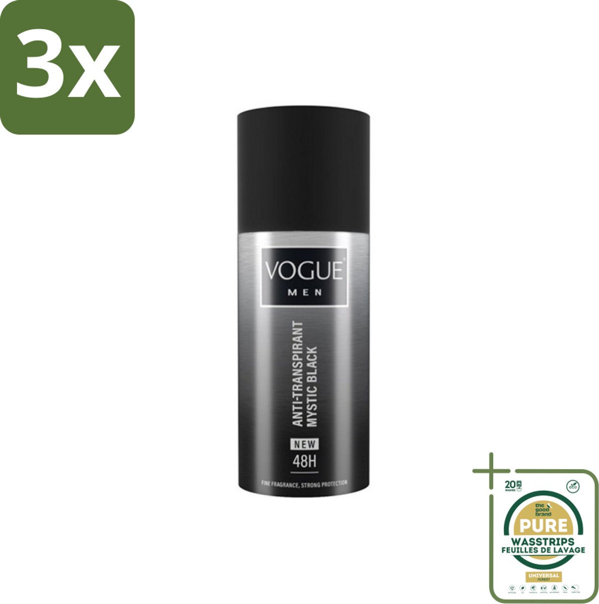 3 x Vogue Men - Mystic Black - Deodorant Spray - Anti-transpirant - 150 ml - Grootverpakking - Deodorant Spray - Anti-transpirant - Mannelijke Geur - Patchouli - Sandelhout