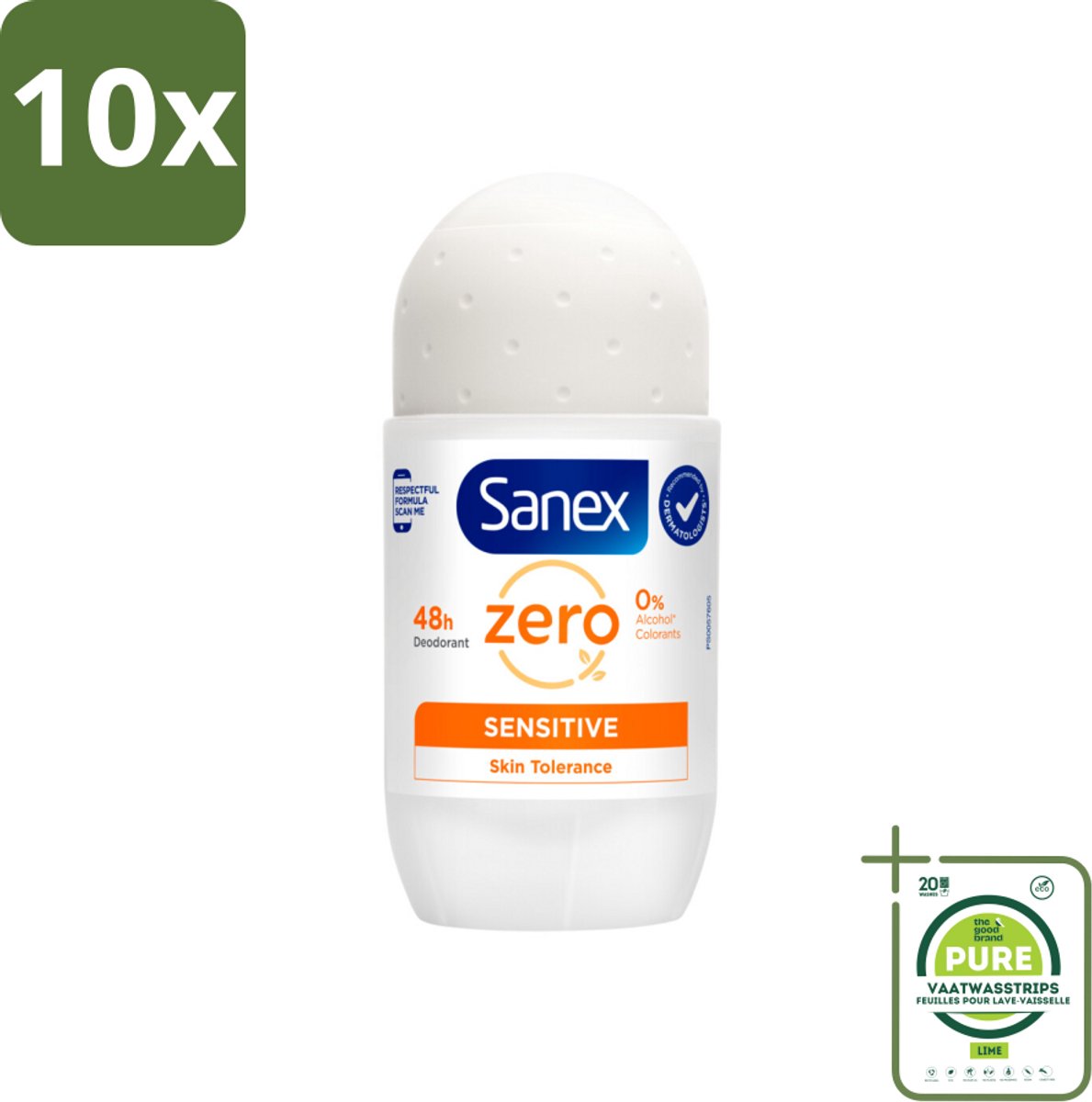 10 x Sanex Deodorant Roller Zero% Sensitive Skin 50 ml - Grootverpakking - Sanex Deodorant Zero% Sensitive - Alcoholvrije Deodorant - Parabenenvrije Deodorant - Gevoelige Huid - Milde Deodorant
