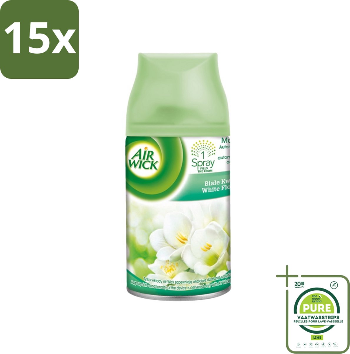 15 x Air Wick - Luchtverfrisser Navulling - Jasmijn & Witte Bloemen - Automatische Spray - 250 ml - Grootverpakking - Jasmijn En Witte Bloemen - Luchtverfrisser - Geurverspreiding - Automatische Spray - 24/7 Odour Stop Technology